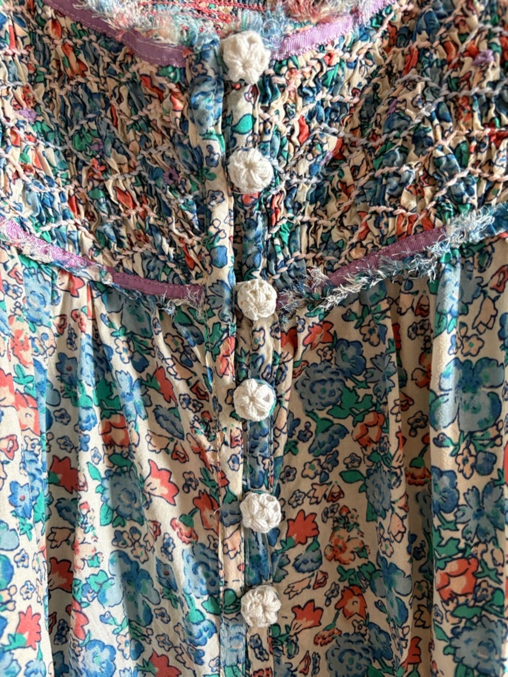 Free People Molly Jo Midi Dress Smocked Blossom Combo Blue Bohemian Size L - Picture 4 of 13